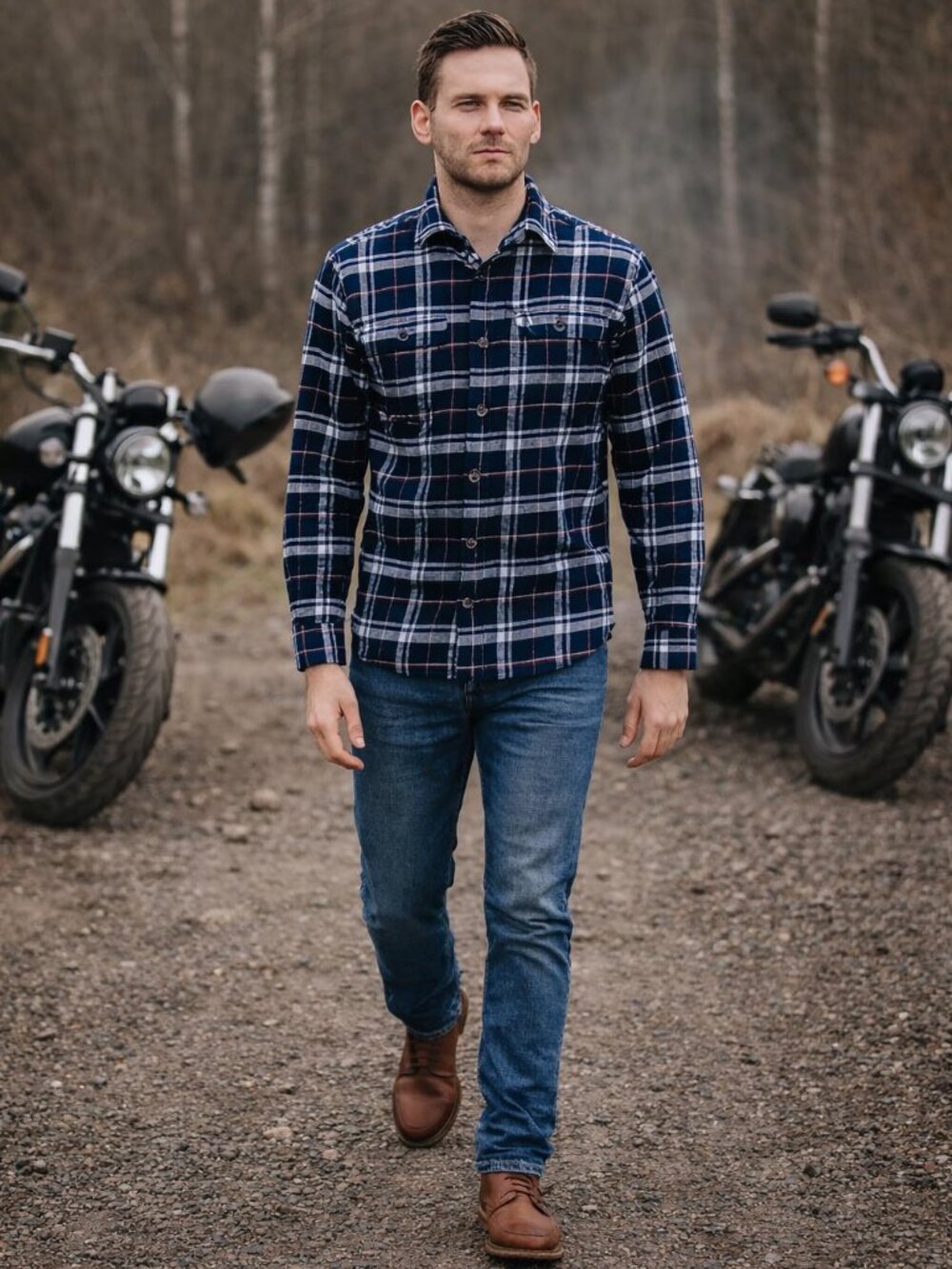 JACHS Lightweight Flannel Button Blue Plaid Biker Long Sleeve Shirt Men M